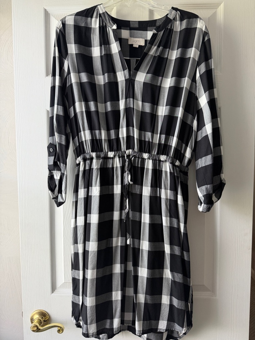 LOFT Black & White Plaid Drawstring Midi Shirt Dress